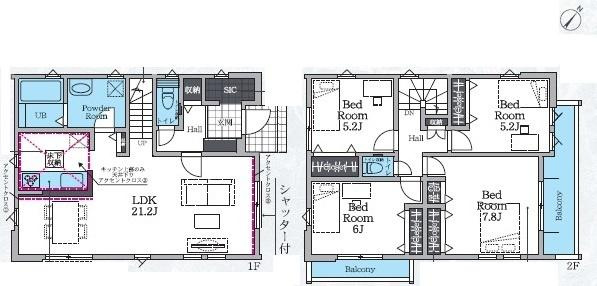 ゆとりある21.2帖のLDKが特徴の間取りです。洋室は4部屋ありそれぞれ独立した空間となっています。2階にはバルコニーが2箇所設けられ使い勝手に配慮しています。収納スペースも随所に配置されています。
