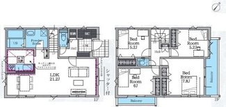ゆとりある21.2帖のLDKが特徴の間取りです。洋室は4部屋ありそれぞれ独立した空間となっています。2階にはバルコニーが2箇所設けられ使い勝手に配慮しています。収納スペースも随所に配置されています。