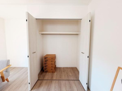 収納スペースがしっかり設けられており季節物や日用品の整理に便利です。両開きのドアで使いやすく奥行きのある設計が特徴的です。床面はフラットで掃除もしやすい仕様です。