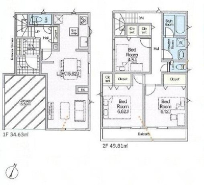 4部屋のベッドルームが揃う間取りで各部屋にクローゼット収納を完備しています。1階は約18.7帖の広々としたリビング・ダイニングが魅力です。洗面やバスルームは独立設計で使いやすい配置となっています。