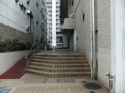 エントランスはゆとりある階段設計でアプローチしやすい点が特徴です。手すりも設置されており安心感があります。タイル貼りの外観が整然とした印象を与えます。周囲の植栽が程よいアクセントになっています。