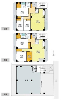 ゆとりある間取りで各部屋の広さが確保されています。リビングダイニングは開放感のあるスペースとなっています。各フロアにトイレや収納スペースが配置されており利便性があります。
