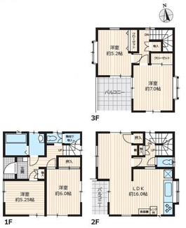 3階建ての間取りで各フロアに異なる機能を持つ部屋が配置されています。2階には広々としたLDKがあり1階と3階には洋室が複数あります。バルコニーや収納スペースが設けられている点も特徴です。