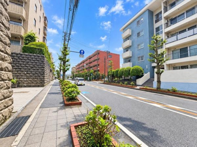道路沿いには植栽が整えられており歩道が広くて歩きやすい環境です。周辺にマンションが立ち並び整然とした街並みが広がっています。青空と街路樹が調和し都市的な雰囲気を感じられます。