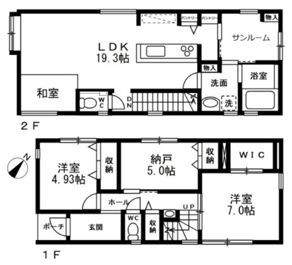 2階にLDKとサンルームを配置し、1階にWIC付きの洋室や納戸もあり収納力と居住性を追求した住まい。