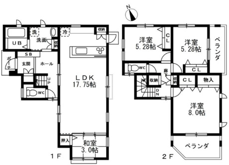 2階は全室5帖以上のゆとりある個室。主寝室は8帖＋大型収納でプライベート時間もゆったり過ごせます。