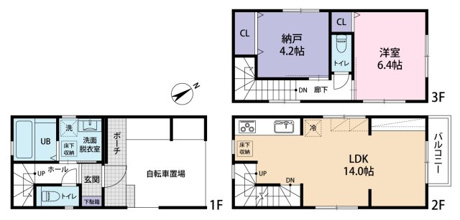 ２階に配置された14帖のLDKは家族の特等席。３階には納戸を備えており季節物の収納にも便利です。