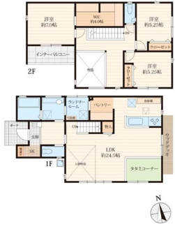 2階に3つの洋室とゆとりあるウォークインクローゼットが配されています。1階のLDKは広々とした約24.5帖でタタミコーナーが隣接しています。ランドリールームやパントリーなど収納も充実しています。