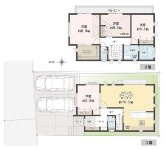 1階はゆったりとしたリビングダイニングが配置され開放感のある間取りです。2階には3部屋の洋室があり使い勝手の良い設計です。