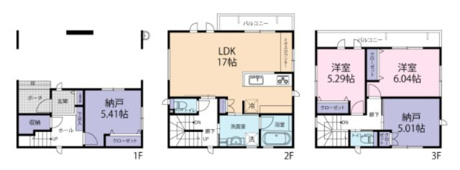 家族が集う2階LDKはゆとりの17帖！収納豊富な「2LDK＋2納戸」の3階建てです。