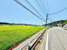 前面道路がしっかりと整備されており交通アクセスが良好です。周辺には自然も感じられ開放感のある現地写真です。敷地の広がりが確認できる一枚となっています。街並みと調和した周囲の環境も特徴的です。