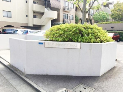 マンションのエントランスにある植栽スペースが清潔感を演出しています。建物の外観も落ち着いた雰囲気です。敷地内には車両の駐車スペースもしっかり確保されています。