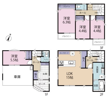 2Fは15LDKの広さで家族が集まりやすい空間を確保します。1Fに水回りと洋室5.5帖、各階トイレで日々の動きもスムーズです！