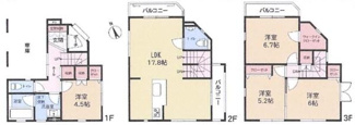 3階建ての間取りで各フロアに洋室が配置されています。2階リビングは広々とした空間が確保されています。複数のバルコニーが設けられており通風や採光に配慮されています。