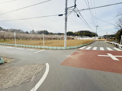 角地に位置しており開放感のある立地です。周囲に住宅が少なく見通しの良い道路が特徴的です。電柱や歩道も整備されておりすっきりとした街並みです。