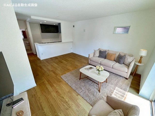 ※家具はCGです　1階のLDKは17.58帖もの広さを確保！家族が自然と集まりたくなる開放的な空間です。キッチンには使い勝手の良いカップボードを完備。洗練されたデザインと充実の収納で家事がスムーズ！